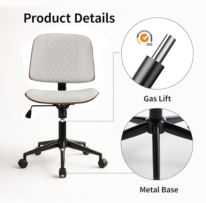 Small Home Office Chair - Armless Mid Back Desk Chair with 360° Swivel and Wheels, PU Upholstered Height Adjustable Modern Walnut Computer Chair for Home, Office Meeting Room - White