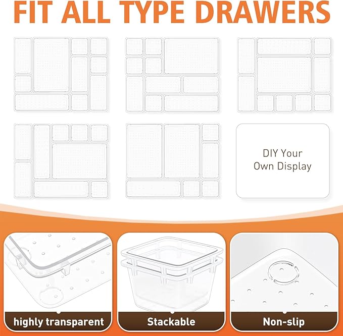 Clear Drawer Organizers of 9 PCS Plastic Drawer Organizer Bins, 4 Sizes Clear Plastic Drawer Organizers and Storage Bins for Bathroom Kitchen Office Organizers and Storage Containers