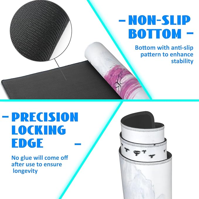 Desk Mat, Cherry Blossom Tree Oil Ink Painting Extended Gaming Mouse Pad Large, 35.4"x15.7" Big Mouse Pad with Non-Slip Base and Stitched Edge, Long Computer Keyboard Mouse Mat for Home Office Work