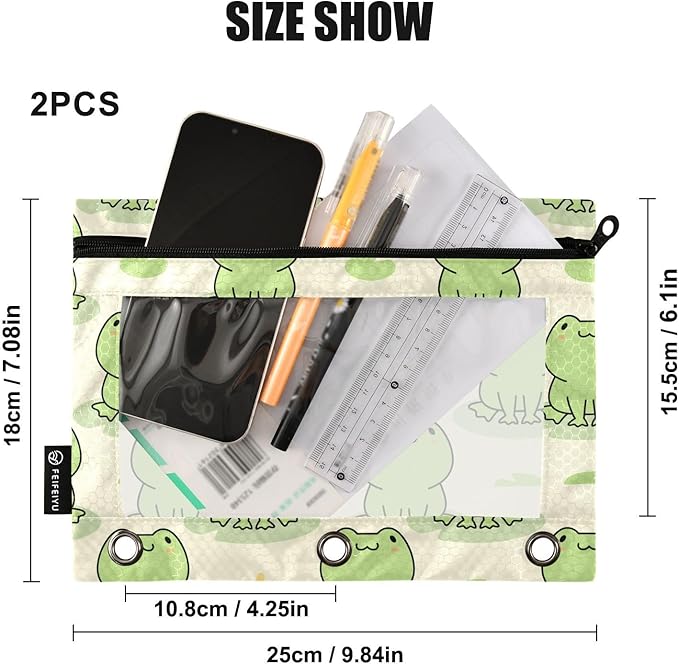 ZAZYXTJ Frogs Binder Pencil Pouchs 3 Ring with Zipper Clear Window Office Organizers bag for School Students Teacher Supplies 2 Pack