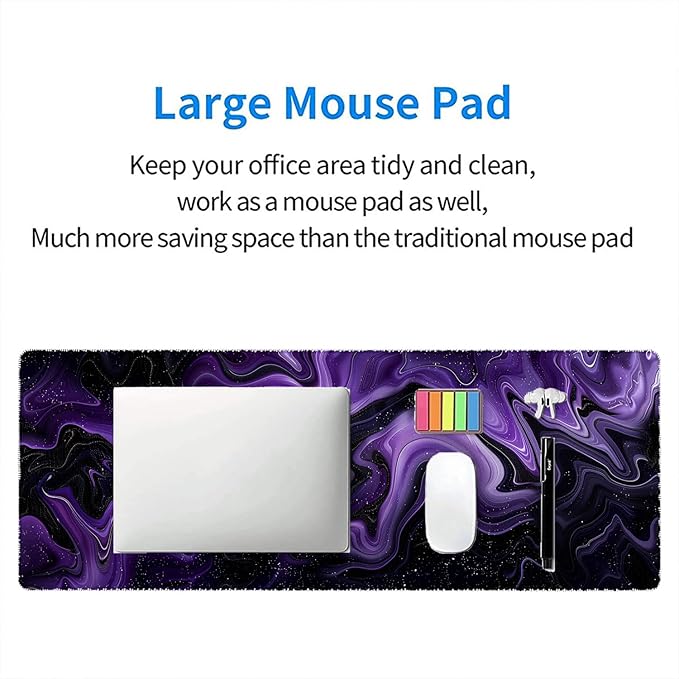 Dark Purple Ripples Desk Pad Mouse Pad Black Purple Lines Large Gaming Mouse Mat with Stitched Edges,Non-Slip Waterproof Rubber Base Mous Mat Office Computer Keyboard Laptop Home 31.5"x11.8"