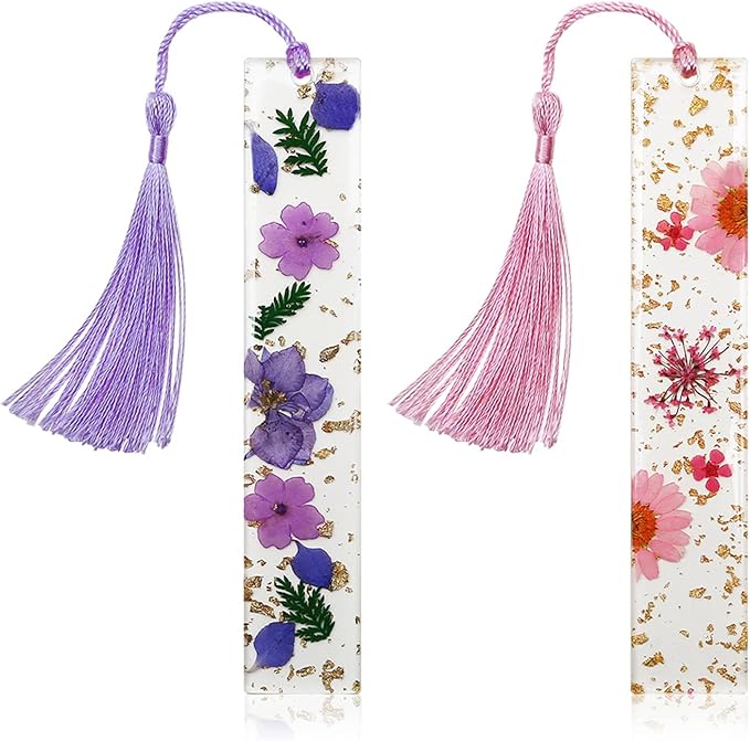 Bookmarks for Women, Kaluofan 2PCS Book Marks for Reading Women, Durable Handmade Dried Flower Resin Bookmarks with Tassels, Pretty and Increase Reading Interest
