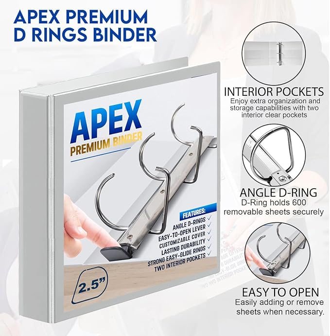 2 Pack of 2.5” Smooth Opening Angle D-Ring View Binders, Professional Presentation Folder for Standard Pages with Inside Pockets, and Customizable Clear View Binder PVC-Free