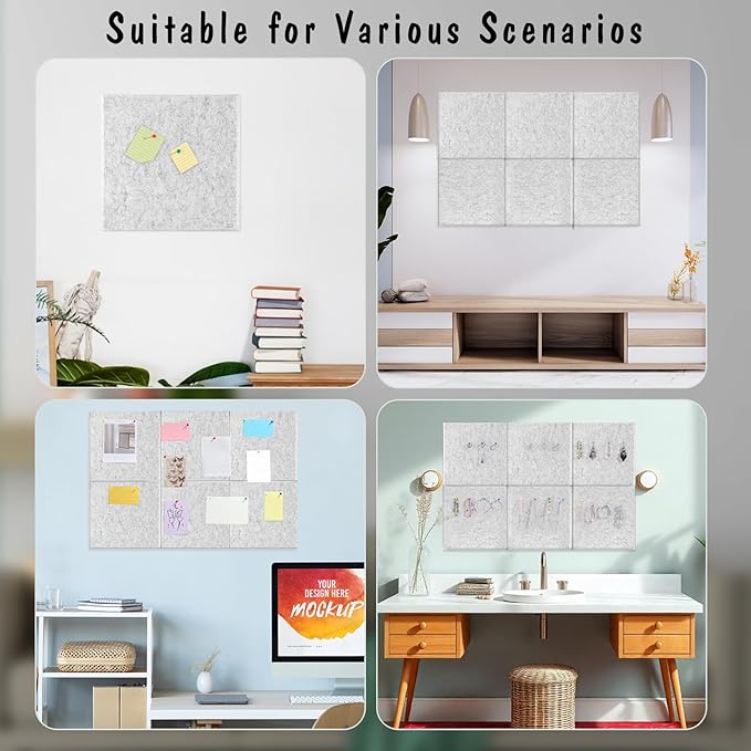 Large Cork Board 36" x 24", 6 Pack Felt Wall Tiles with Colored Pushpins, Bulletin Board with Removable Self-Adhesive Strips, Pin Board Cork Boards for Walls Office Home-Light Gray