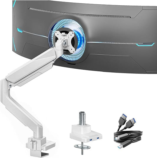 ARES WING Single Monitor Arm, Heavy Duty Adjustable Monitor Arm for 13"-45" Screens with USB, Gas Spring Desk Mount Stand with C Clamp/Grommet Mounting Base up to 40lbs Computer, White