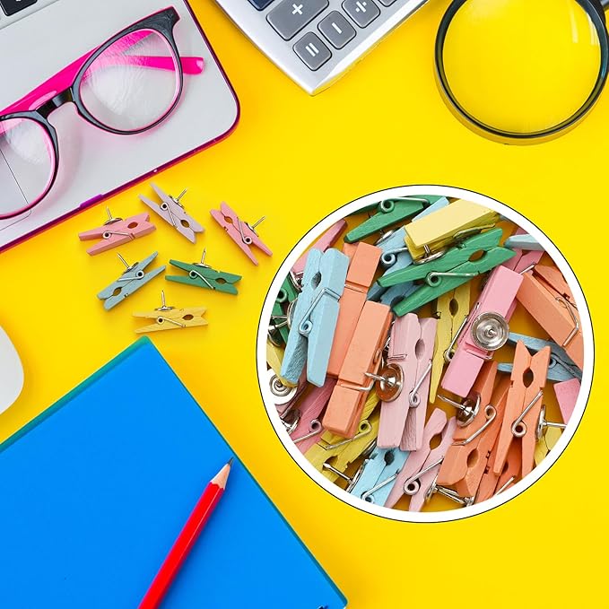 200 Pcs Push Pin with Wooden Clips Tacks Pastel Classroom Decor for Cork Board Bulletin Board Colorful Thumb Tacks Wooden Clips for Teachers School Office Home Supplies Accessories