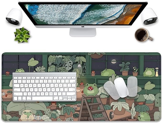 Cute Frog Desk Mat Mouse Pad,Cartoon Frog Desk Pad,Kawaii Green Desk Decor,Desk Mat for Frog Desktop,Stitched Edges Non-Slip Waterproof Rubber Base Mous Mat for Office Home Work Gaming(27.5X11.8 in)