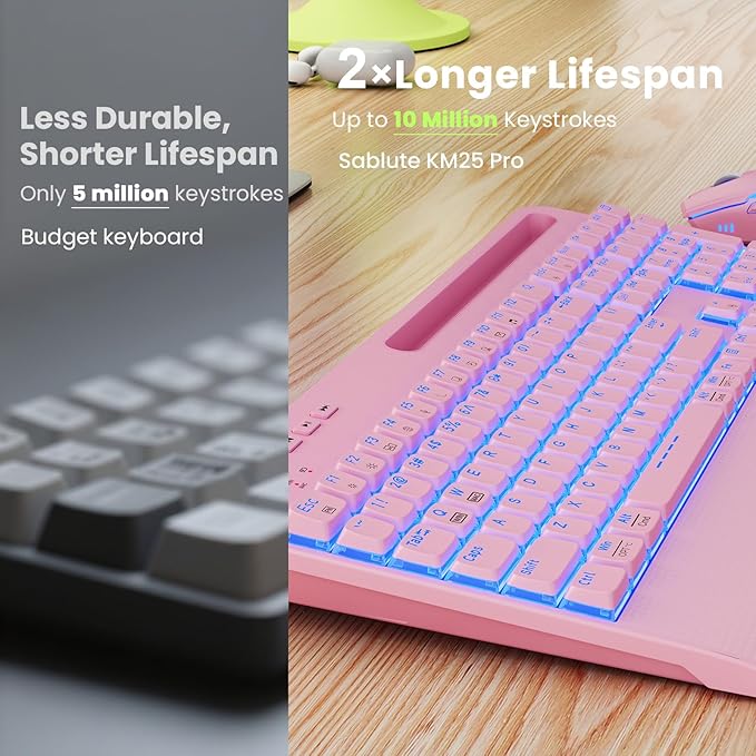 Pink Keyboard and Mouse Wireless Combo, 4000mAh Rechargeable Backlit Quiet Keyboards mice set, USB Ergonomic Key Board with Wrist Rest & Phone Holder for PC, Mac, Windows, Natural Soft Typing —SABLUTE