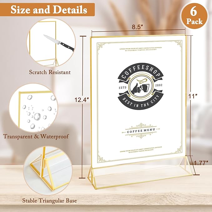 Floroom 6 Pack 8.5x11 Inch Clear Acrylic Sign Holders, Double-Sided Gold Display Stand Picture Frames for Table Numbers, Menus, Flyers, Weddings, and Offices