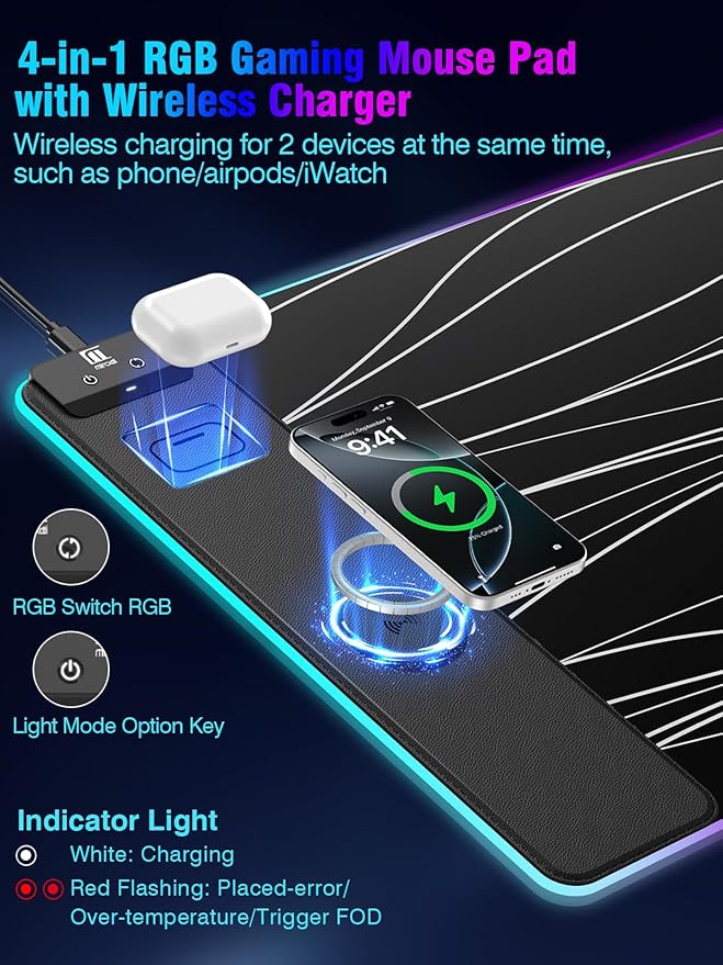 Mouse Pad with Magnetic Wireless Charging, Large Desk Pad Protector, RGB Black Mousepad Desk Mat with 15W Fast Charger, 4mm Thick Non-Slip, Waterproof Laptop Writing Pad for Office, Home, Gaming