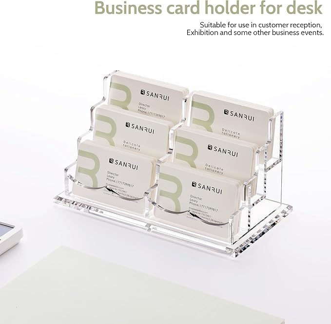 YUXUN Business Card Holder Display for Desk,Clear Acrylic Cards Stand for Men and Women,6 Slots 3 Tier Multiple Business Card Organizer (6slots)…