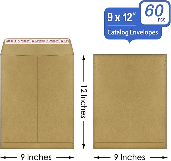 60 PCS 9x12 inches Security Catalog Envelopes Printable Self Seal Envelopes, Anti Tear Recycled Kraft Envelopes for Invitation Cards, Pictures, Photos, Documents