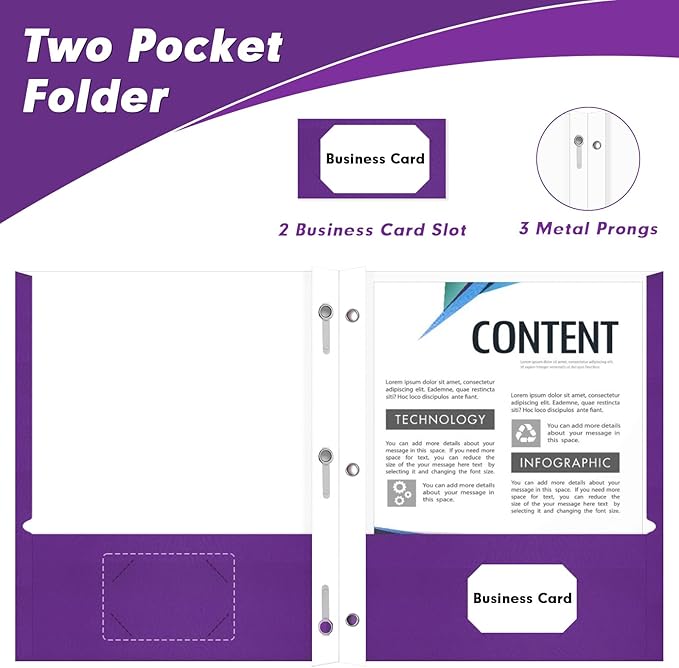 Two Pocket Folders, PANDRI 60 Pack Two Pocket Folders with Prongs, 3 Prong Folders Designed for Office and Classroom, Letter Size Purple