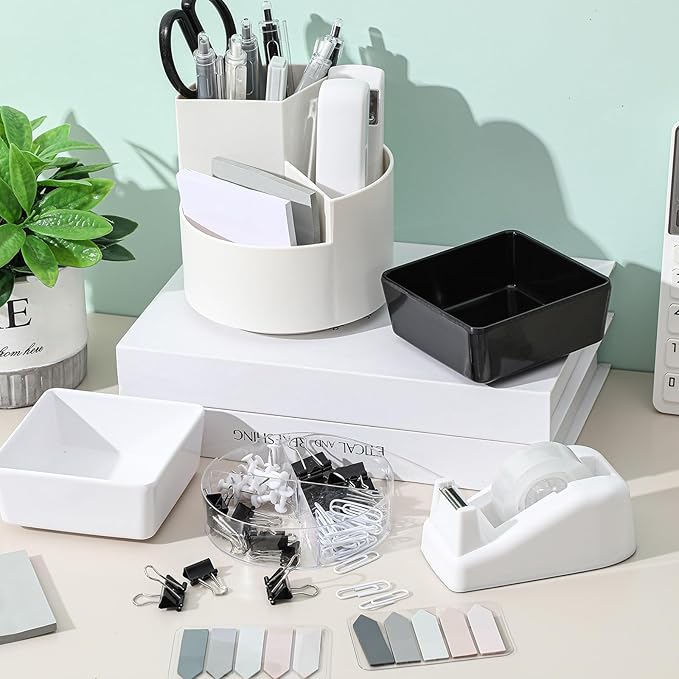 Kosiz 27 Pcs Black White Desk Accessories Aesthetic Desk Organizer Neutral Office Supplies Pen Holder Stapler Binder Sticky Notes Paper Clips Scissor Staples Aesthetic Accessories for Women(Classics)