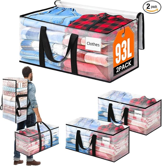 BlissTotes 2-Pack Large Moving Bags with Backpack Straps & Strong Zippers, Heavy-Duty Storage Bags Moving Boxes for Space Saving, Dorms, Transport, 93L-25 Gallons, Clear
