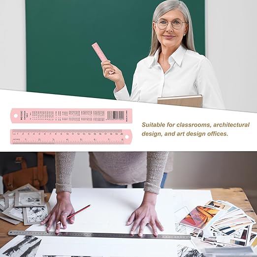 HARFINGTON 2pcs Metal Straight Ruler 20cm Metric SAE Aluminum Alloy Measuring Rulers Scale Tool with Hole for Measure Study Reading Classroom Office, Pink