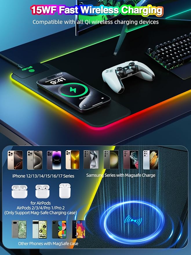 Wireless Charging Mouse Pad, 31.5"x11.81" XL Gaming Mousepad with 11 RGB Colors & 5 Lighting Modes, Home Office Large Desk Pad, Ultra-Smooth Surface, Non-Slip, Waterproof Keyboard Pad Black Desk Mat