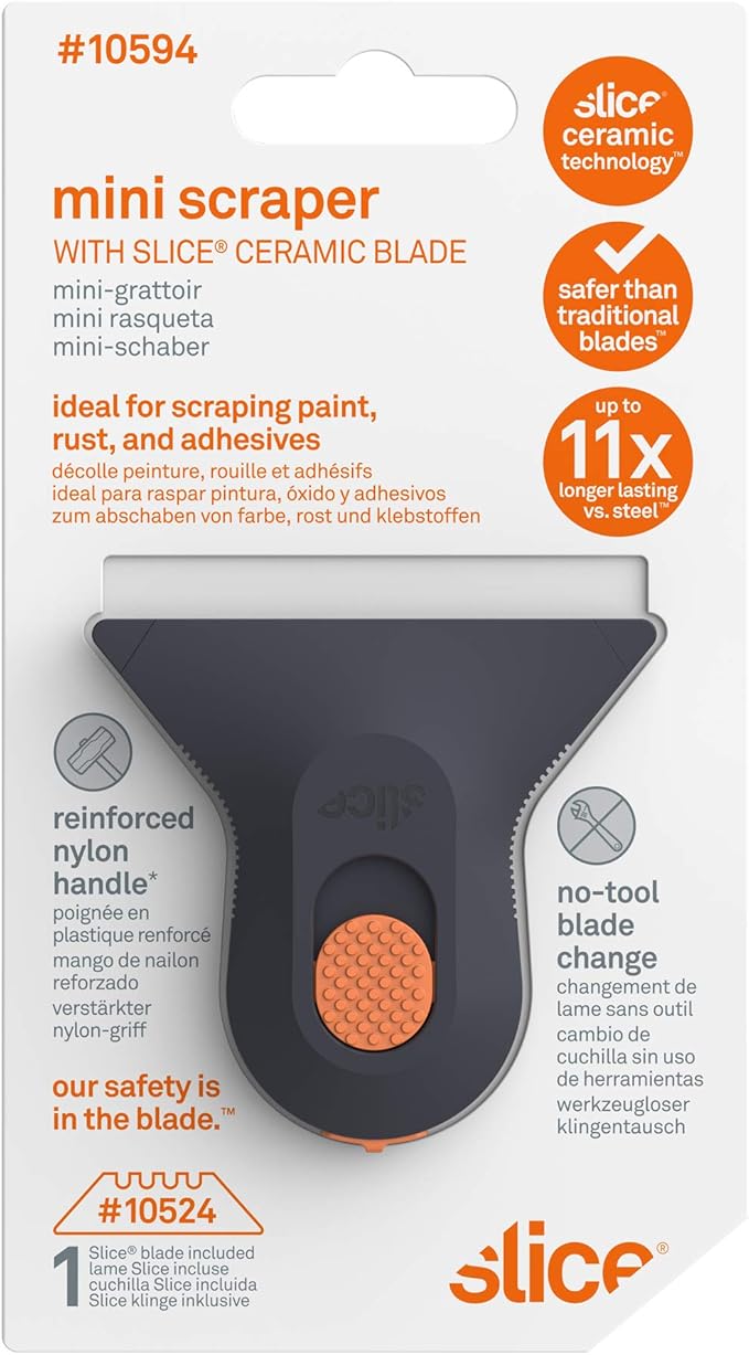 Slice 10594-CS Small Scraper, Ceramic Blade, Lasts 11x Longer Than Metal, Finger Friendly, Never Rusts, No Strain on Thumb or Hand, Blade Locks in Position, Compact Size, Left or Right Hand, 12 Pack