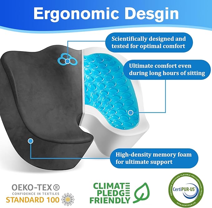 Seat Cushion, Gel Chair Cushions, Office Chair Cushions, Anti-Slip Bottom & Removable Cover Tailbone Pain Relief Cushion, Memory Foam Seat Cushion, 5.28 in Thick (Grey)