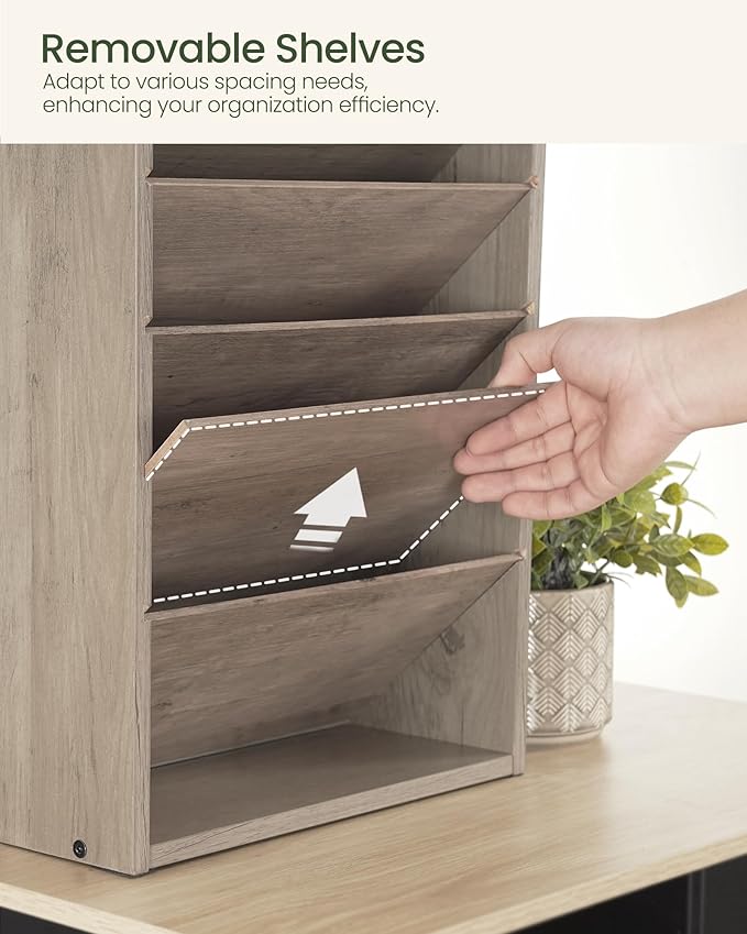 Wall File Organizer, 10-Tier Hanging Mail Organizer, Wall Mount File Holder with 4 Side Hooks, Industrial Mail and Storage Organizer, Wooden Vertical Hanging Holder for Office, Greige MWJ03FH