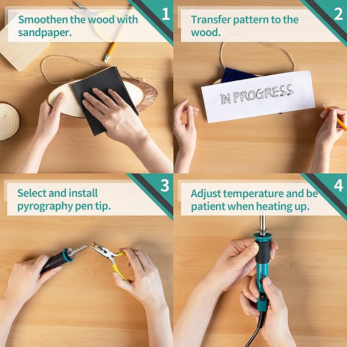 YIHUA 930-IV Pyrography Wood Burning Pen Kit Adjustable Temperature, Power Switch, Heat Deflector, Rubber Grip with 10 Pyrography Tips, 2 Wood Pieces, Flip-Up Pen Stand, for Woodburning DIY Crafts