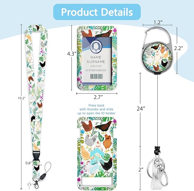 Gctriki ID Badge Holder with Lanyard, Cute Flower Chickens Lanyard for Keys, Funny Retractable Badge Reel Clip, Teacher Lanyards for ID Badges Holder, Nurse Teacher Workers Women Office Gifts
