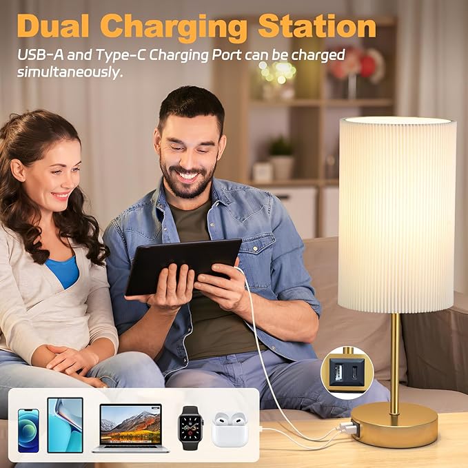 AKASUKI 18Inch Table Lamp with Dual Charging Station, 3 Way Dimmable Touch Lamp for Bedroom, Living Room, Office(LED