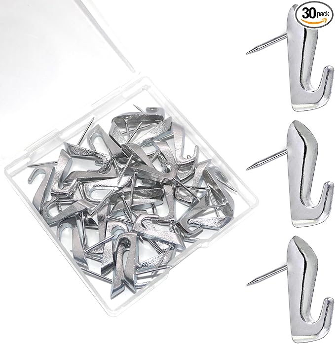 30 PCS Picture Hanging Nails Thumb Tacks for Wall Hangings, Heavy Duty Push Pins Wall Hooks for Drywall Cork Board, Picture Hanging Kit with Nails High Heel Silver