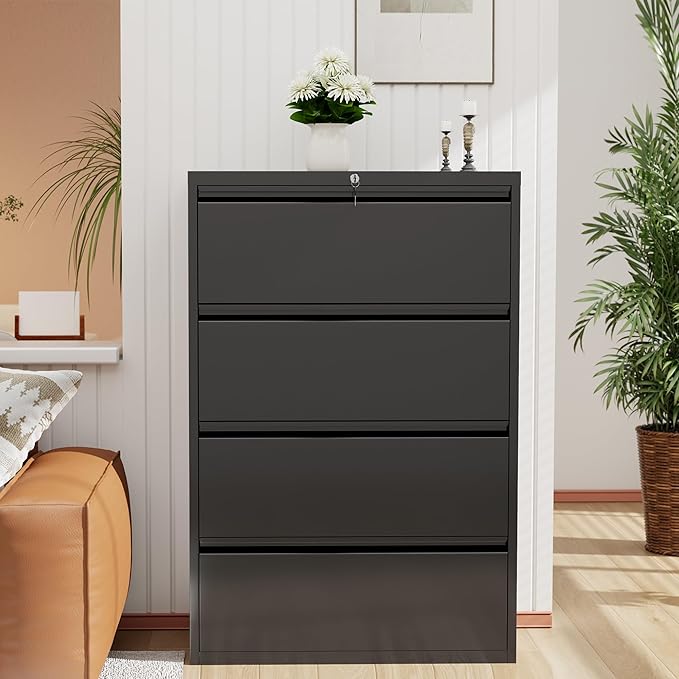 INTERGREAT 4 Drawer File Cabinet, Lateral File Cabinet with Lock, Metal Office Filing Cabinet with Adjustable Frame for Legal, Letter, A4 Files, Fast Assembeld, Black