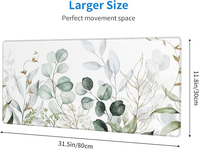 Green Gold Leaves and Branches Extended Big Mouse Pad Large,XL Gaming Mouse Pad Desk Pad,31.5x11.8inch Long Computer Keyboard Mouse Mat Mousepad with 3mm Non-Slip Base for Home Office Work