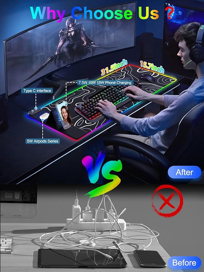 XXL Mouse Pad with Phone Holder, RGB Desk Mat with 15W Fast Charging, LED Large Gaming Mouse Pad with 11 Lights Colors, Long Mouse Pads for Desk, Waterproof Non-Slip Gaming Pad for Gamer Esports Pros