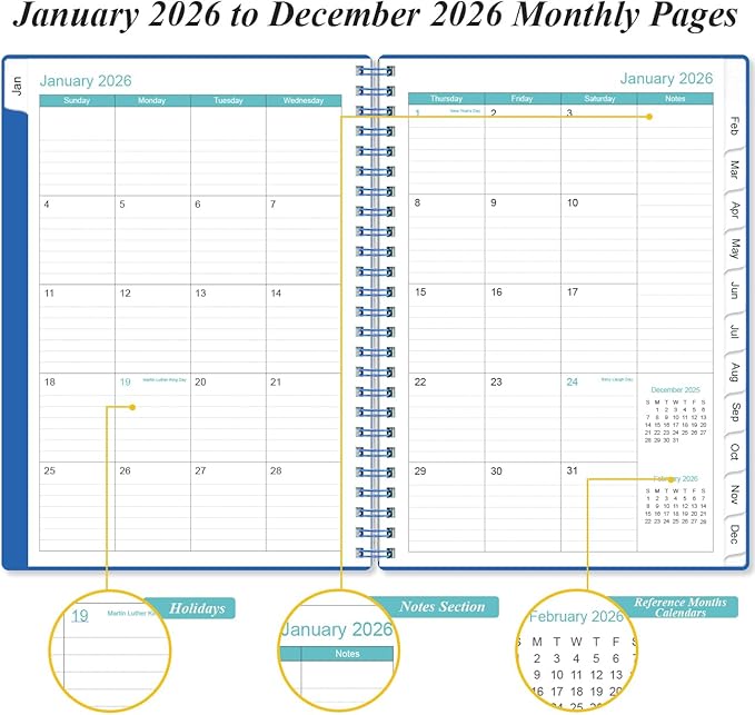2026 Planner - Planner 2026 from January 2026 - December 2026, Weekly & Monthly Planner Spiral Bound with 12 Monthly Tabs, Inner Pocket, 6.4" x 8.5", Blue