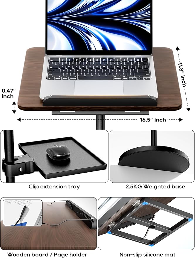 2 in 1 Adjustable Book Stand - Dual-Use Floor and Desktop Book Holder Stand, Height Adjustable 23.5-52 in, Elastic Page Clips for Music Sheet, Recipe, Tablet, Laptop-Black