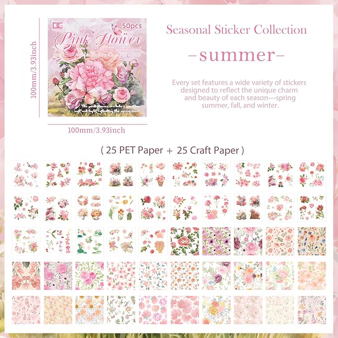 Snycler Scrapbooking Supplies, Vintage Journaling - 25 Sheets PET & 25 Sheets Paper Stickers, DIY Craft Stickers for Junk Journals, Ephemera Sticker Book, Pink Flower Themes, Pre-Cut Designs