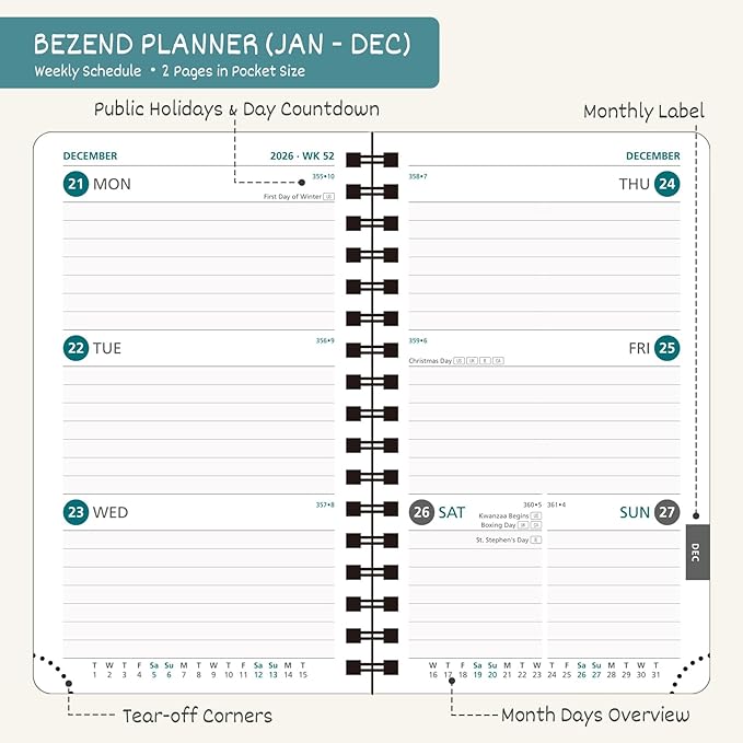 BEZEND Pocket Calendar 2026 Weekly and Monthly (3.5" x 6" Spiral) Small Daily Planner for Purse (Jan-Dec) with Notes & Expenses, Inner Pocket, Pen Holder, Vegan Leather Softcover - Cornflower