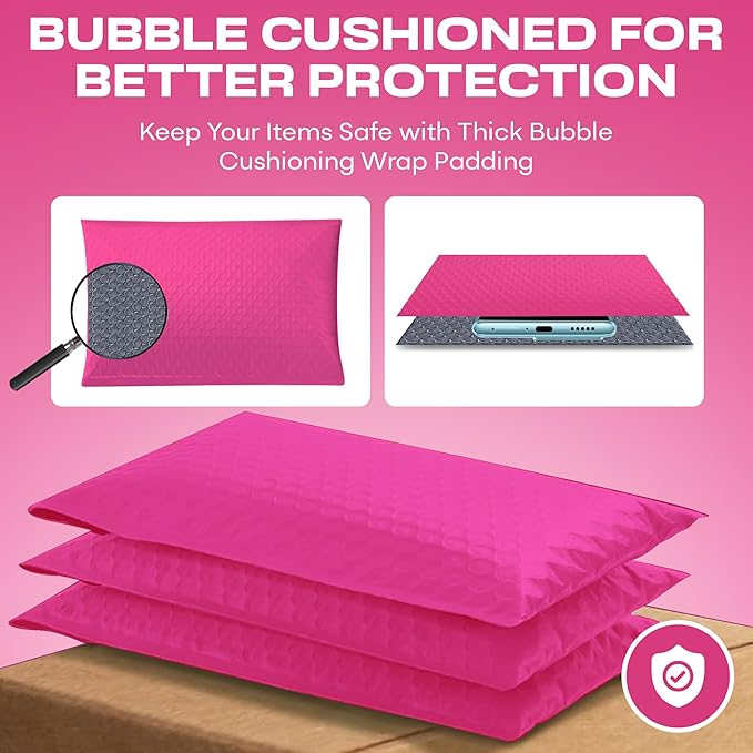 Hot Pink10.5x16 Inch Large Poly Bubble Mailers #5 | Padded Envelopes with Self Seal | Air Lined Cushioned Bubble Mailer | Usable Size 10.5x15 | 200 Pack Bulk | Lightweight shipping Bags