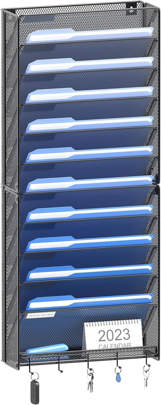 OUTWOLF Hanging Wall File Organizer with Hooks, 12 Tier Vertical Wall Mount File Holder, File Folder Wall Organizer for Office
