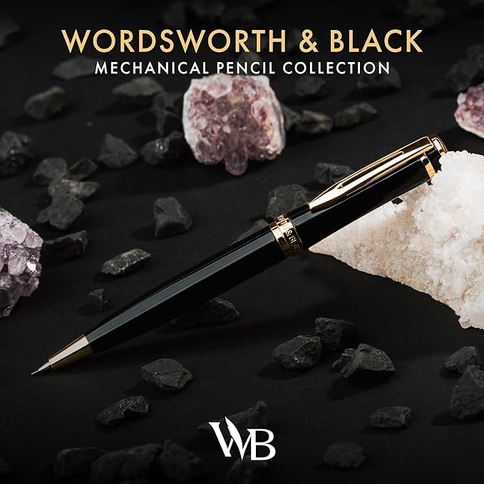 Wordsworth and Black Mechanical Pencil Graphite Lead- Stunning Luxury Metal Pencil, Black Lacquer 24K Gold Finish, 0.7mm Led, Best Gift Set for Men & Women, Professional Executive Office Pencils
