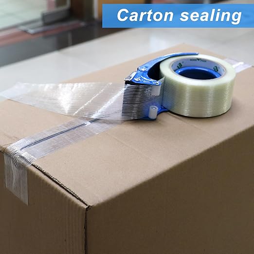 BOMEI PACK Strapping Tape 2Inch with Dispenser, Heavy Duty Fiberglass Reinforced Packing Tape with String for Moving and Shipping, 4Rolls x 5.5Mil x 35Yds, Total 140Yds