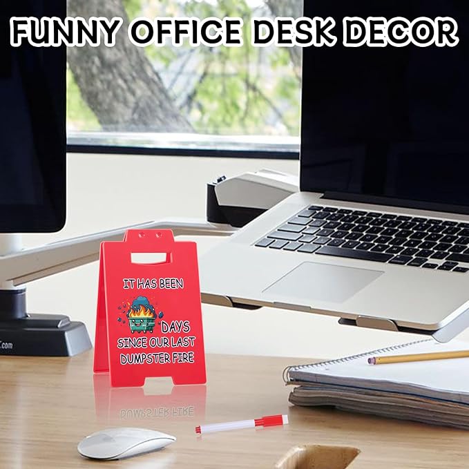 Funny Dumpster Fire Desk Sign – Writable Countdown Sign for Office Desk Decor, Red Triangular Plastic Sign for Workspaces, Colleagues, Boss Gifts