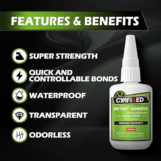 Super Glue Liquid, Instant Clear Cyanoacrylate Medium Viscosity Adhesive, Food Safe CA Glue for Shoe Repair Leather Ceramic Plastic Glass Metal Wood Aquarium Porcelain Rubber Pottery Model Craft