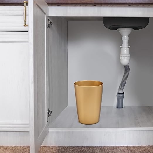 Mini Waste Basket - Durable Small Plastic Garbage Trash Can Bin - Lidless Open-Top Rectangular Slim Profile for Compact Spaces - Suitable for Home, Bathroom, Office, Bedroom & More, Soft Brass