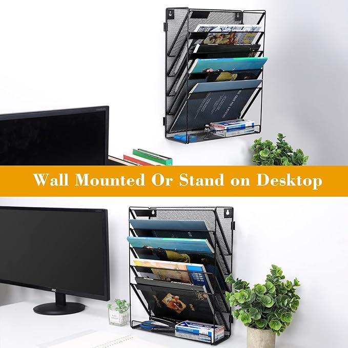 EasyPAG 5-Tier Wall File Holder, Mesh Hanging Folder Organizer with Classify Label, Versatile Desk File Organizer for Office Home, Vertical Wall Mounted Mail Sorter, Easy Assembly, 2 Pack Black
