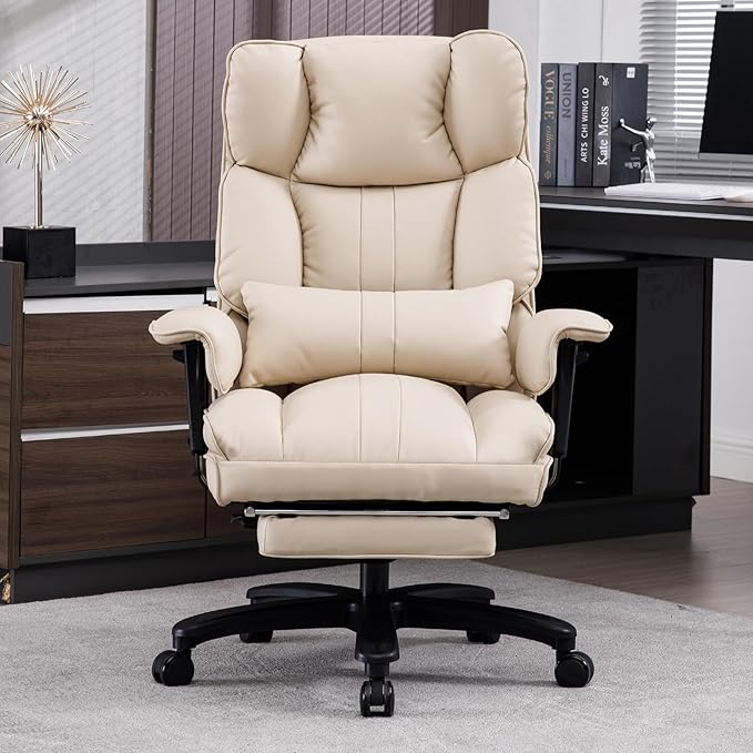 Big and Tall Office Chair 500lbs Wide Seat Executive Office Desk Chair High-Back Office Task Chair with Foot Rest, Ergonomic Lumbar Support Computer Office Chairs for Heavy People(Beige)