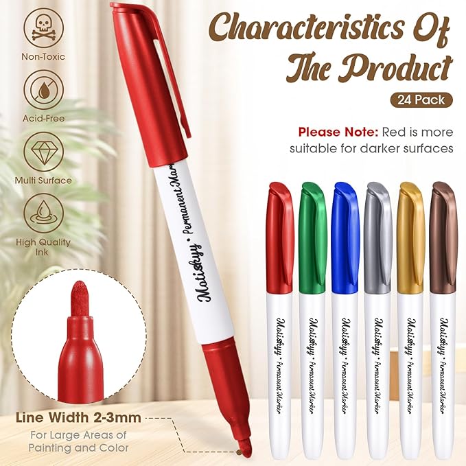 24 Pcs Metallic Permanent Markers Bulk Gold Fine Point Metallic Paint Markers for DIY Crafts, Gift Card Making, Artist Illustration(Multicolor)