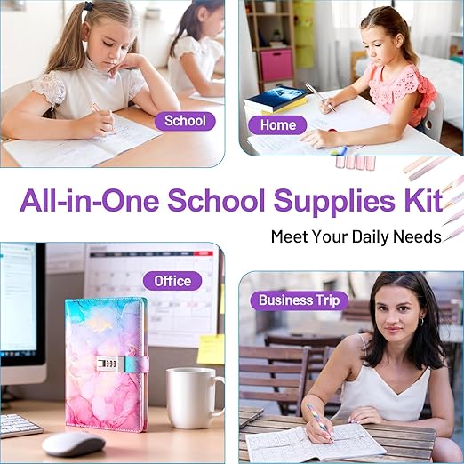 24 PCS Aesthetic School Supplies with Password Lock Notebook, Pen Case, Mechanical Pencils, Black Ink Gel Pens, Highlighters, Ballpoint Pens, Sticky Notes, Washi Tapes, Cute Stationery Essentials Set