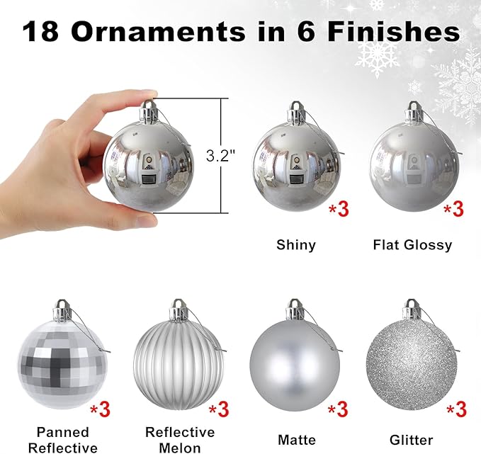 Silver 3.2" Large Christmas Balls - Christmas Tree Decoration Ornaments Shatterproof Hanging Balls for Birthday Halloween Holiday Wedding Decorations Set of 18pcs