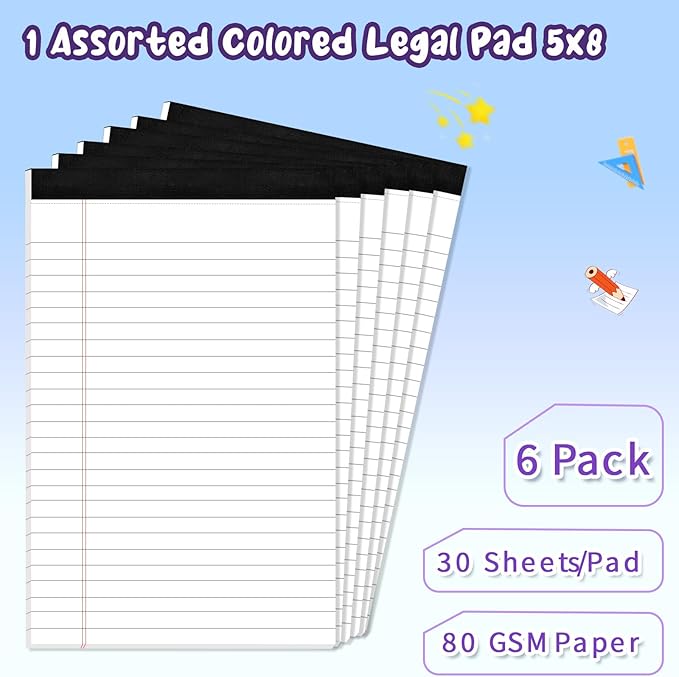 6 pcs Note Pads Legal Pads 5x8, Notebook College Ruled, White Legal Notepads, 6 Pack Micro Perforated Writing Pads, Lined Paper Pads, Pad of Paper for Office Home School, 30 Sheets/Pack