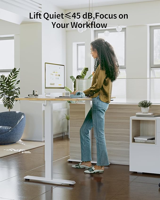 FEZIBO One-Piece Standing Desk Adjustable Height Stand up Home Office Desk, 55x24 Inch Electric Standing Computer Desk, with 4 Memory Presets, Fixable casters, Light Rustic