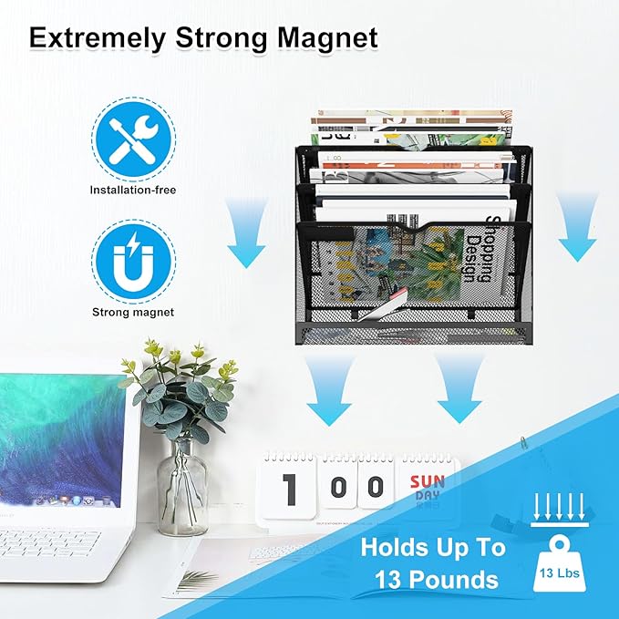 4 Tier Magnetic File Holder, Large Capacity Mesh Hanging Wall Organizer Vertical Magnetic Hanging File Organizer, Magnetic File Folder Holder for File Cabinets, Office, Whiteboard (Black)